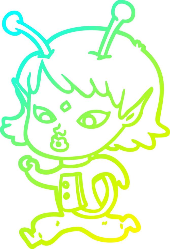 cold gradient line drawing pretty cartoon alien girl running vector