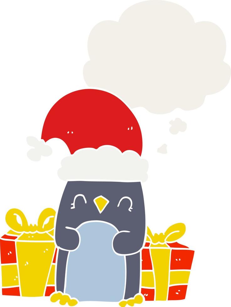lindo pingüino navideño y burbuja de pensamiento en estilo retro vector