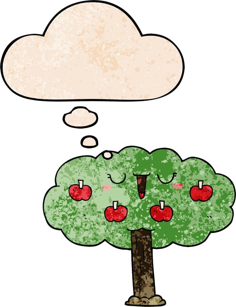 cartoon apple tree and thought bubble in grunge texture pattern style vector