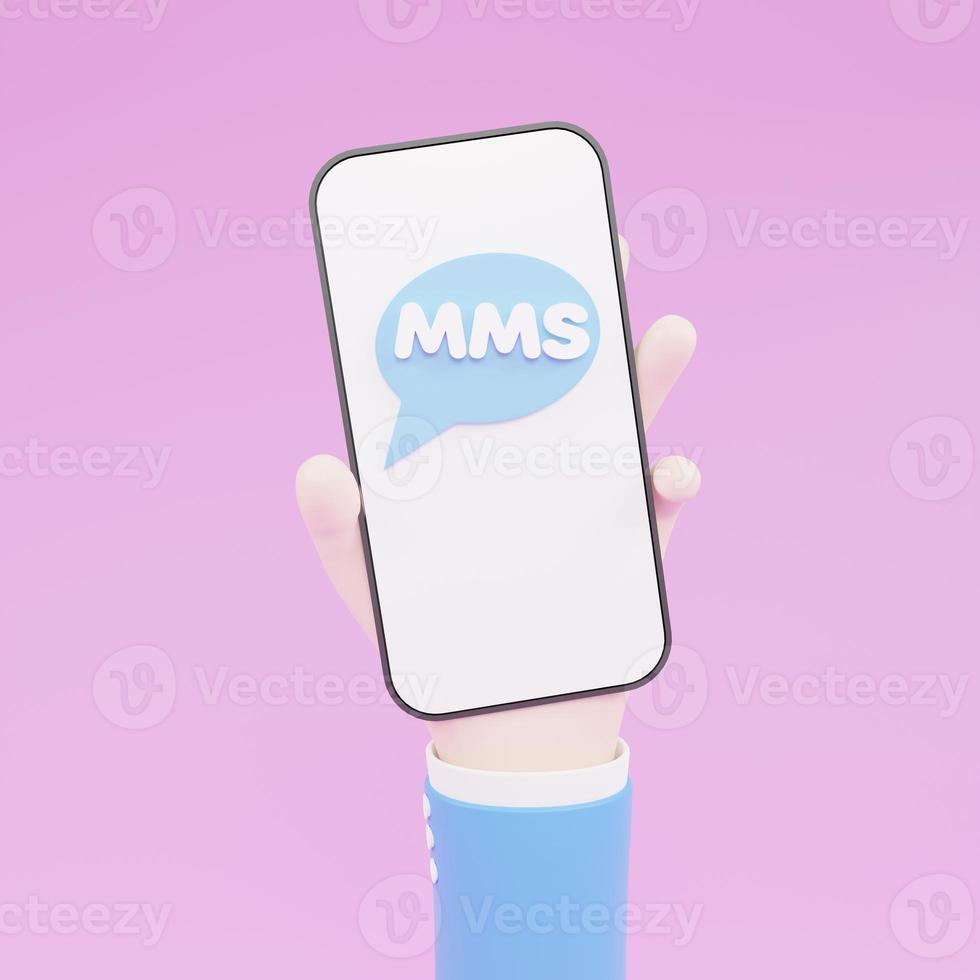 Cartoon Hand holding smartphones and receiving online MMS. Electronic modern technology communication concept. 3D illustration photo