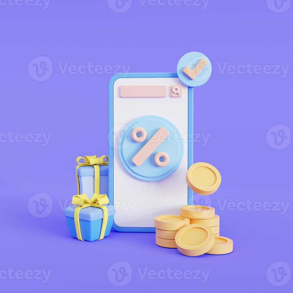 Phone with an empty white screen with coin.  with discounts. gift. 3d  illustration photo