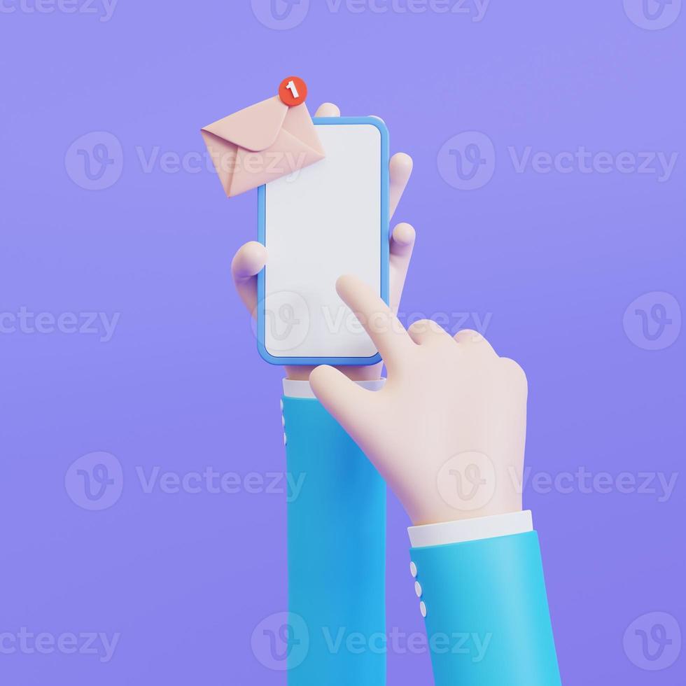 3D Hand-holding mobile phone with envelope notification. Cartoon character and smartphone icon. 3D illustration photo