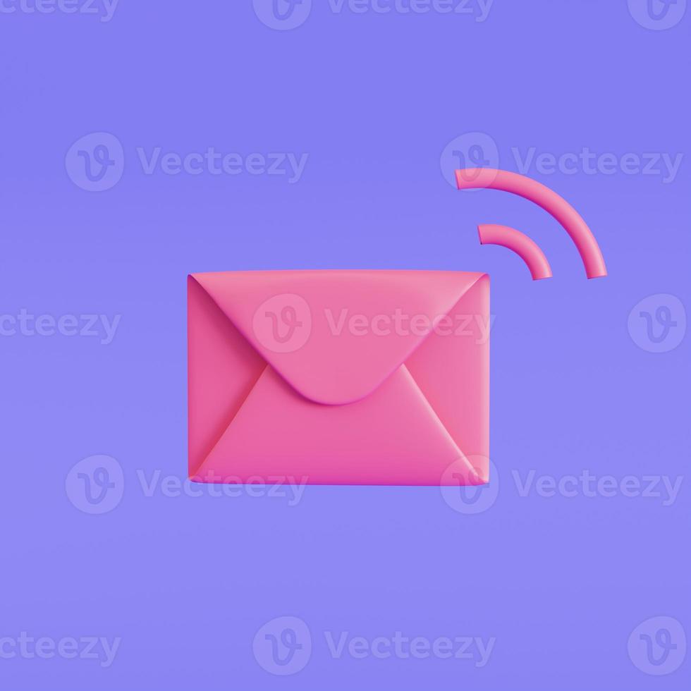 envelope, incoming mail notify, newsletter, and online email concept. Cartoon illustration isolated on purple, 3d render illustration photo