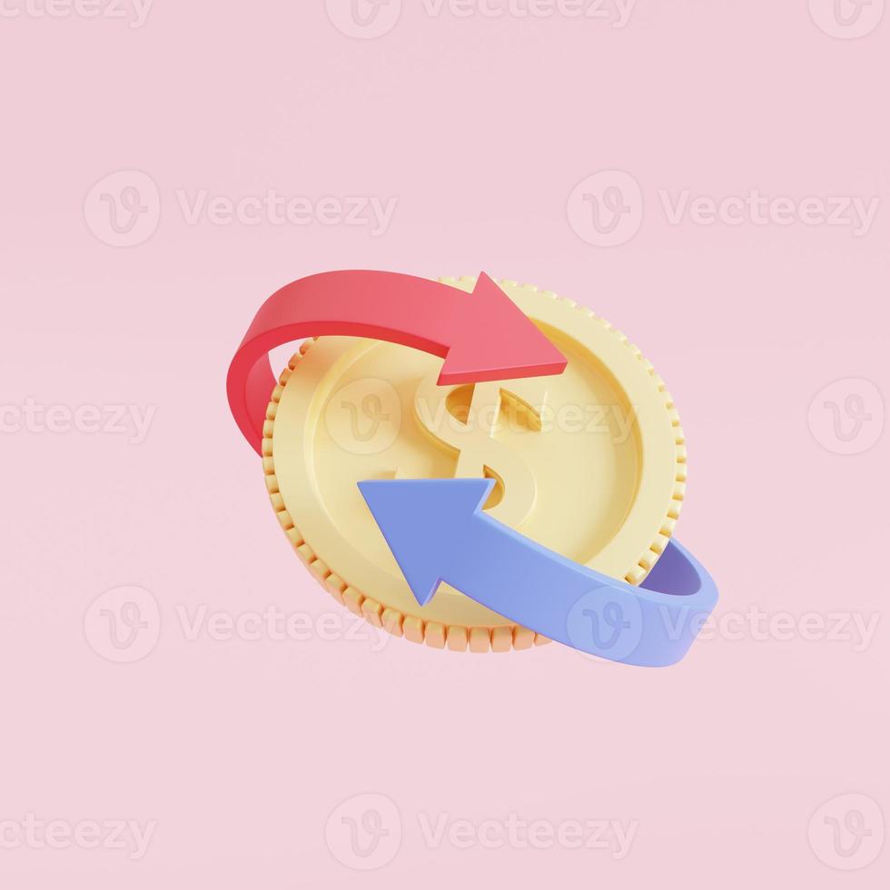 Coin icon with, cashback concept.  money  Cost-saving, transfer, exchange, cartoon-style, 3D render illustration photo