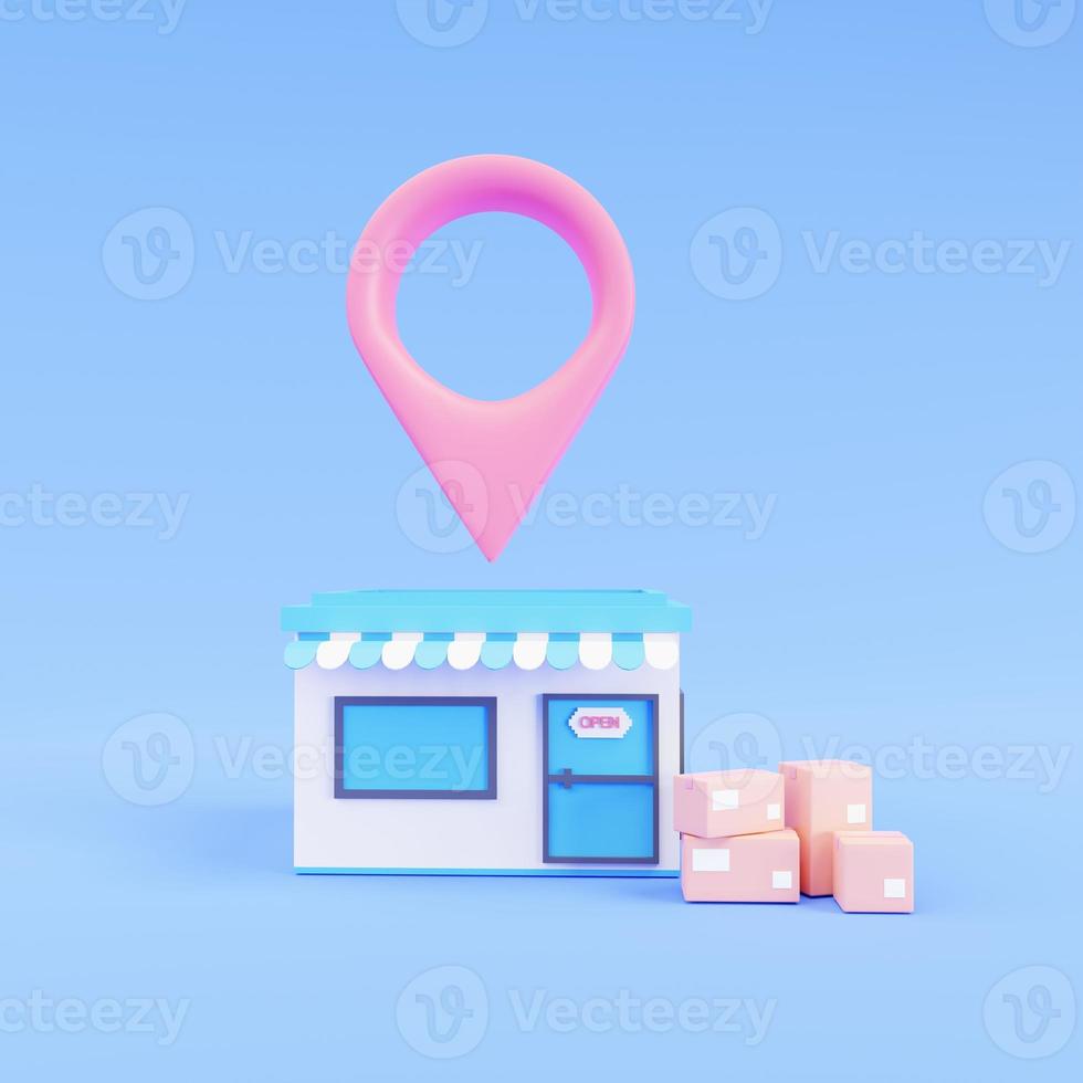 Shop with map pin. Tracking courier application. photo