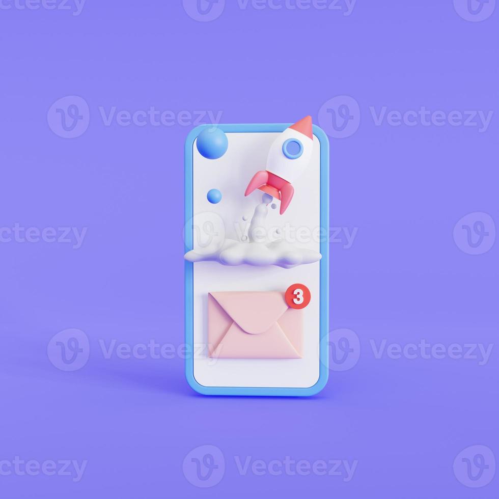 Toy rocket takes spewing smoke. and envelope new message notification on the phone. The symbol for success is a Startup business. 3D illustration photo