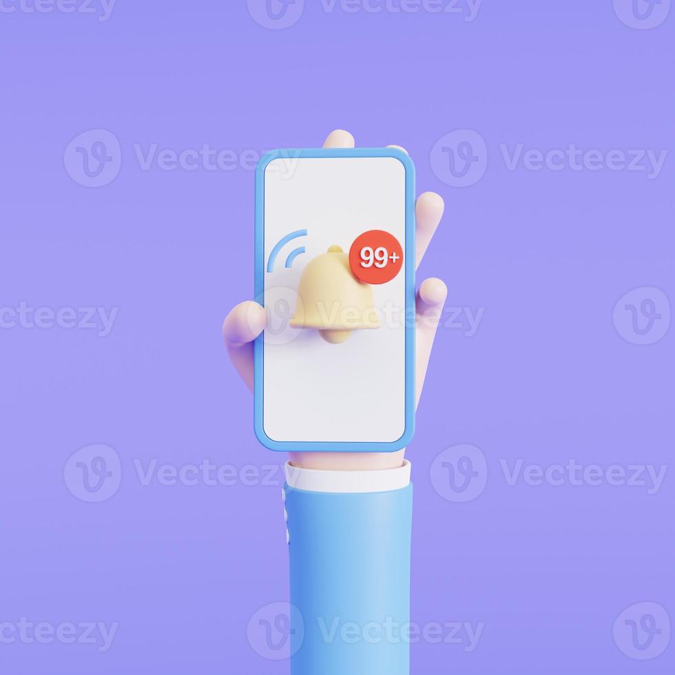 Cartoon hand holding the phone with Notification yellow bell with 99 number  Social media chat, message, SMS, subscribe, 3d illustration photo