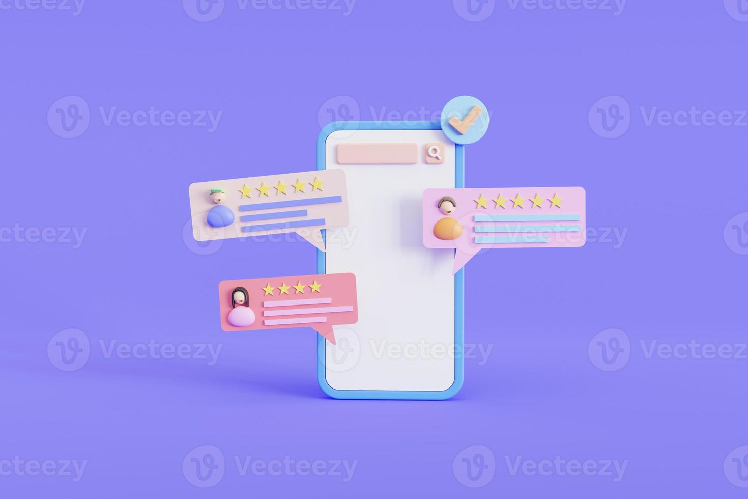 phone with review rating. Reviews stars with good and bad rates and text. 3D illustration photo