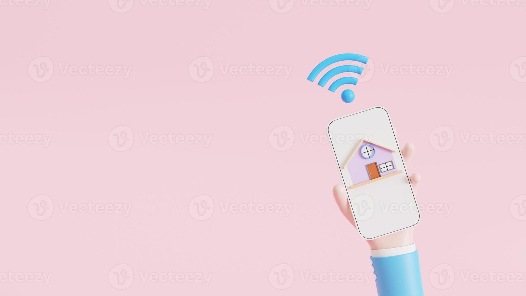 Hand cartoon-style, 3D Smart Home. House icon with wi-fi sign. The remote home control system, 3d illustration photo