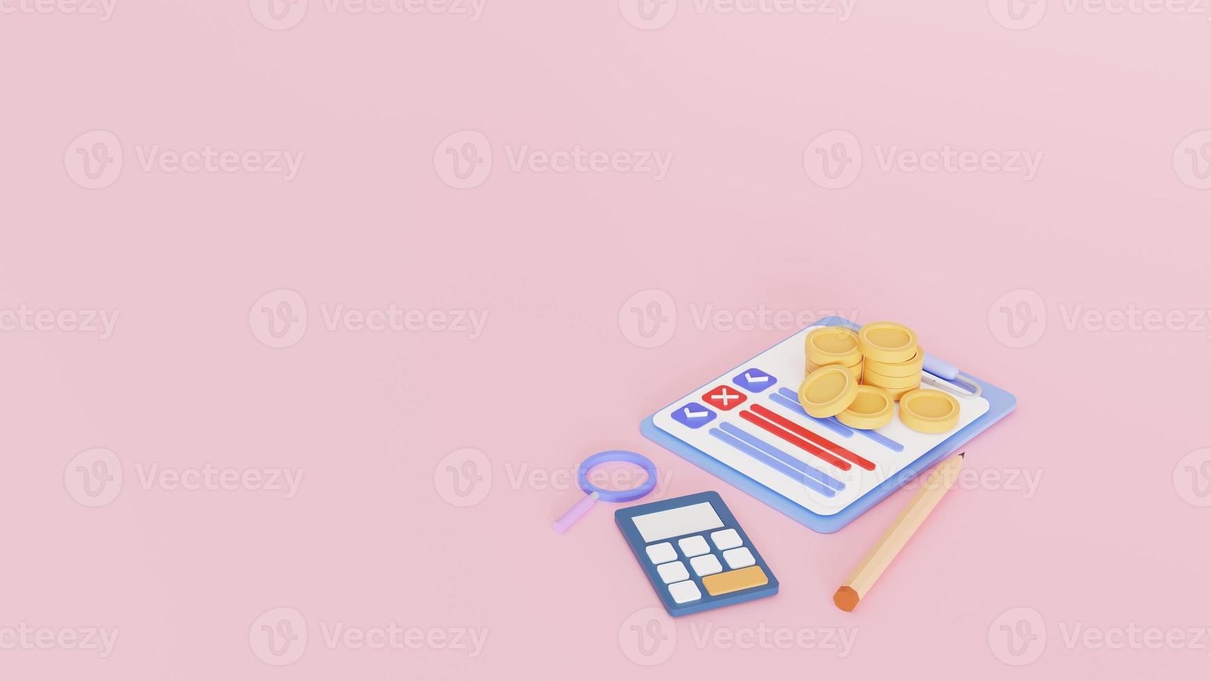 Budget planning, Financial calculation concept. Composition with, calculator, coins. Saving money and smart investment. Cartoon 3D photo