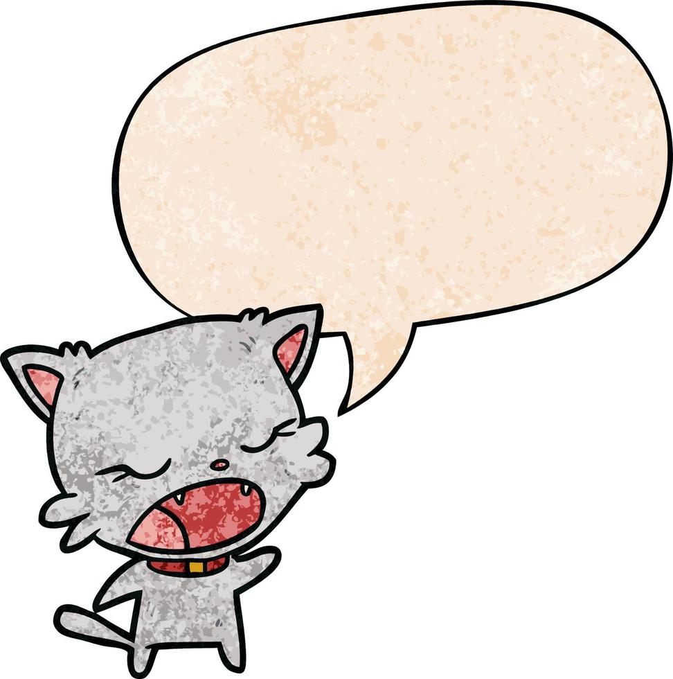 lindo gato de dibujos animados hablando y burbuja de habla en estilo de textura retro vector