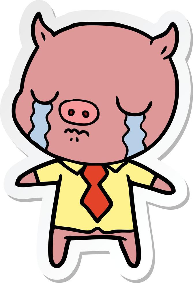 sticker of a cartoon pig crying wearing shirt and tie vector