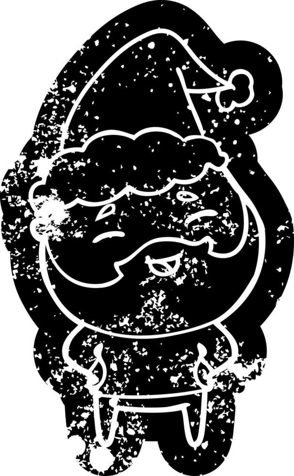 cartoon distressed icon of a happy bearded man wearing santa hat vector