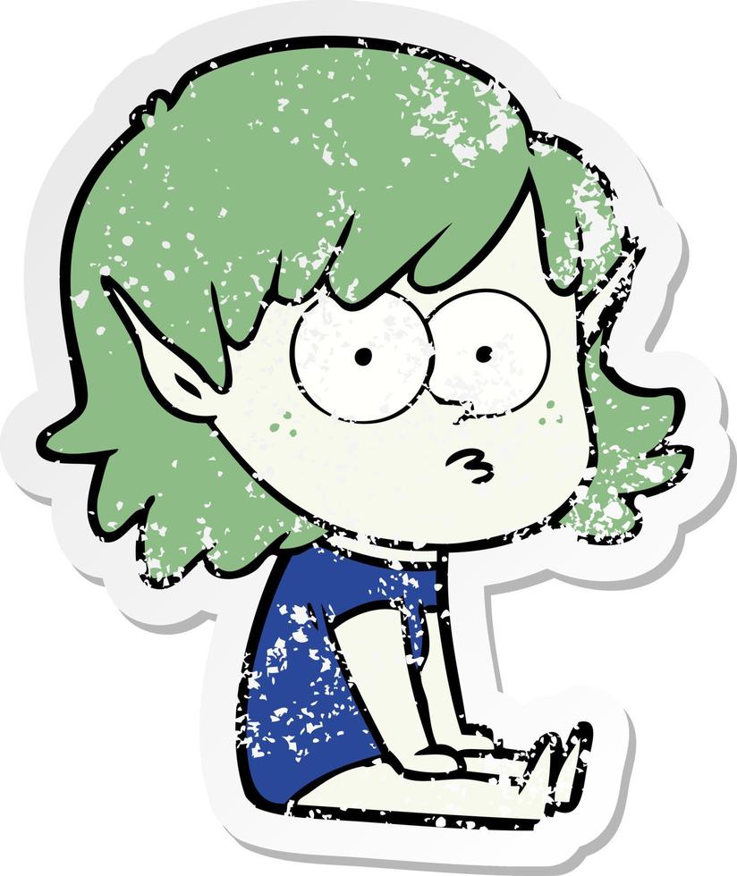 distressed sticker of a cartoon elf girl staring vector