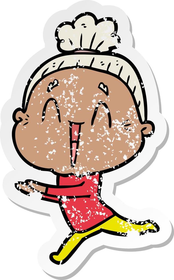 distressed sticker of a cartoon happy old lady vector