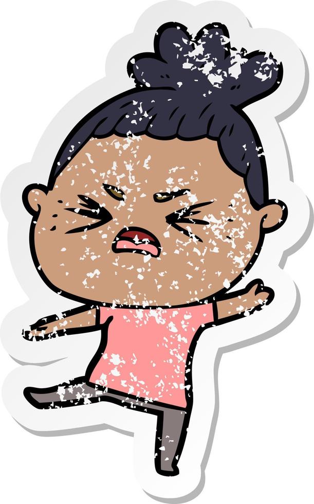 distressed sticker of a cartoon angry woman vector