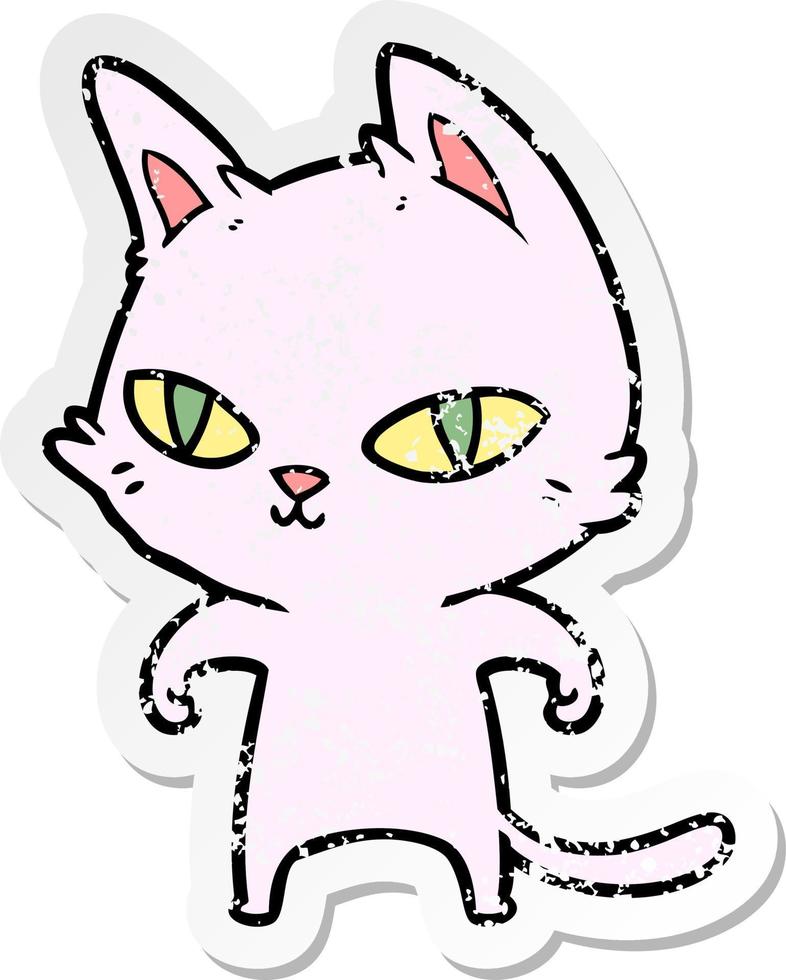 distressed sticker of a cartoon cat with bright eyes vector