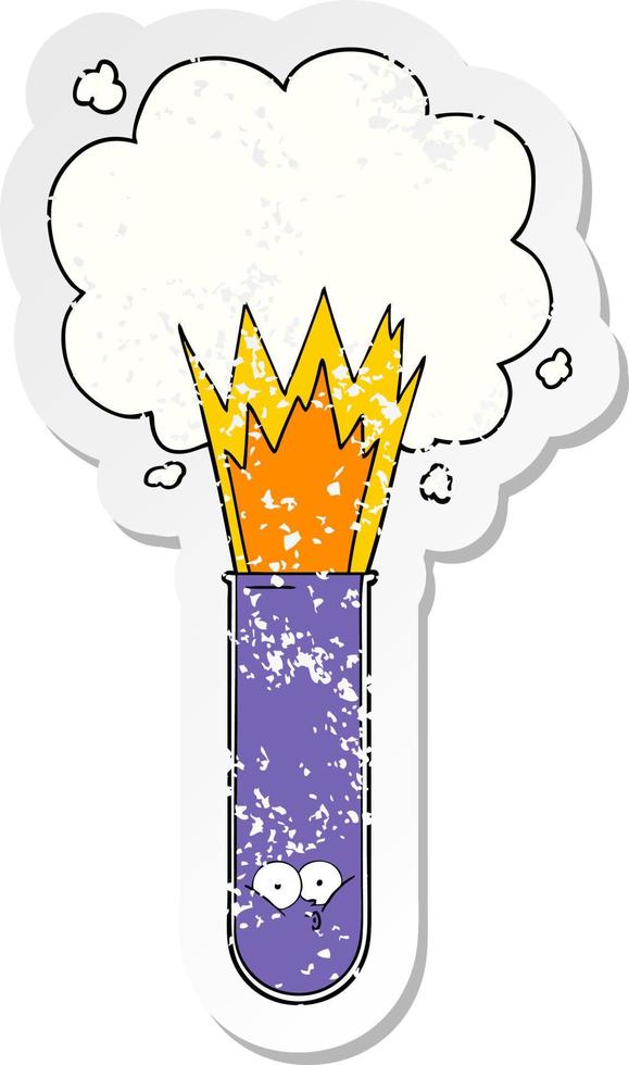 distressed sticker of a cartoon exploding chemicals in test tube vector