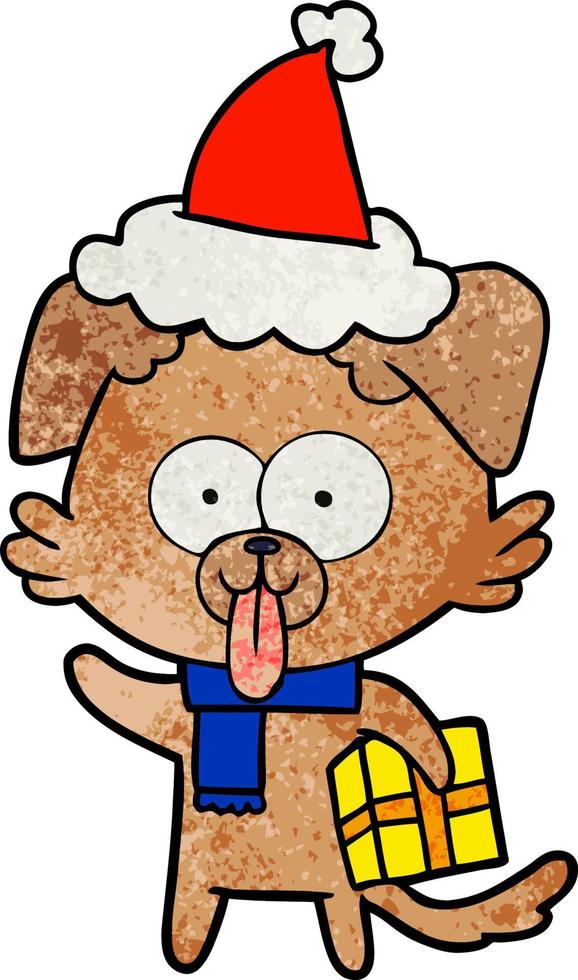 textured cartoon of a dog with christmas present wearing santa hat vector