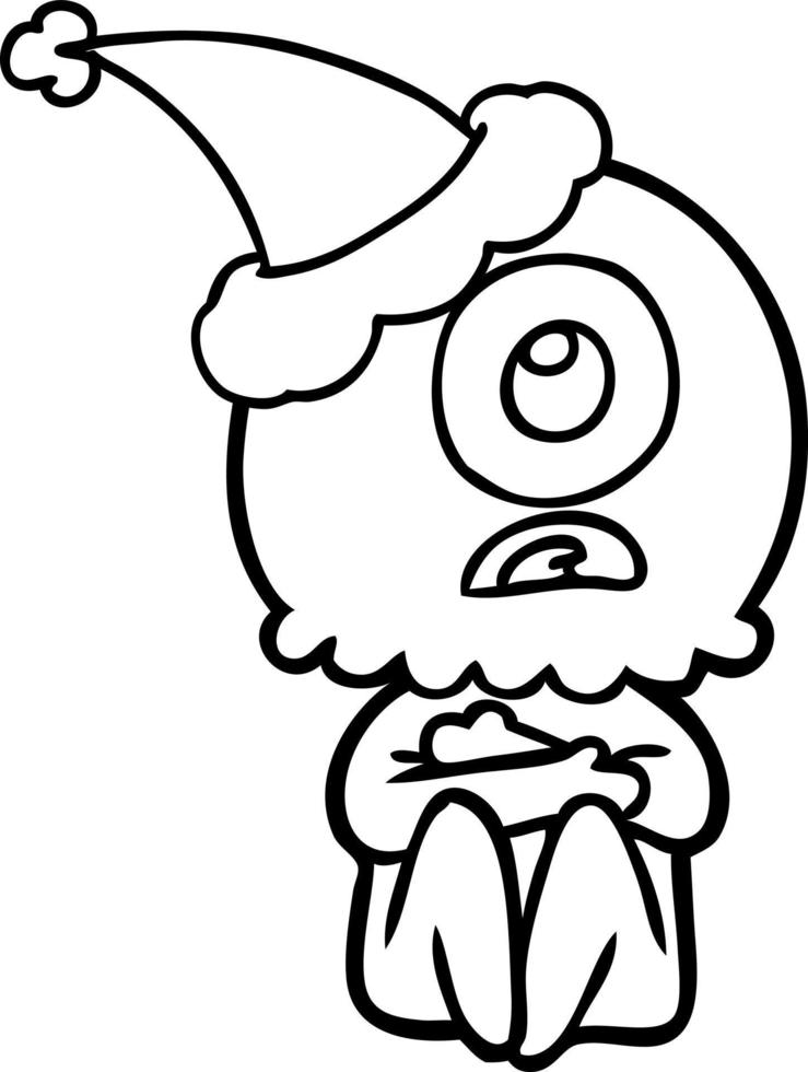 line drawing of a cyclops alien spaceman wearing santa hat vector