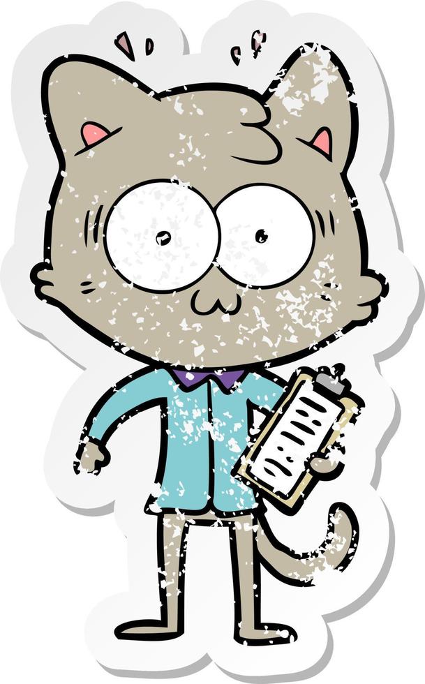 distressed sticker of a cartoon surprised office worker cat vector