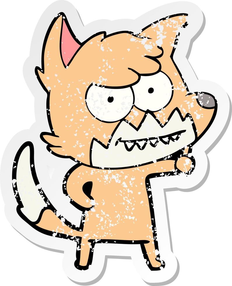 distressed sticker of a cartoon grinning fox vector