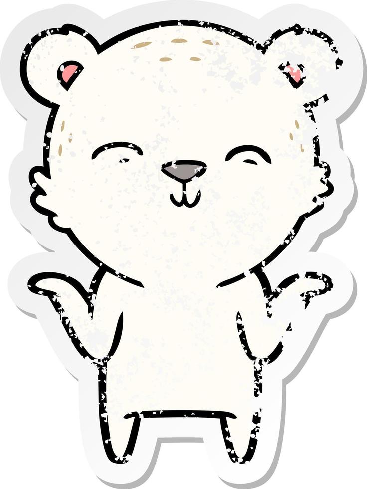 distressed sticker of a happy cartoon polar bear shrugging shoulders vector