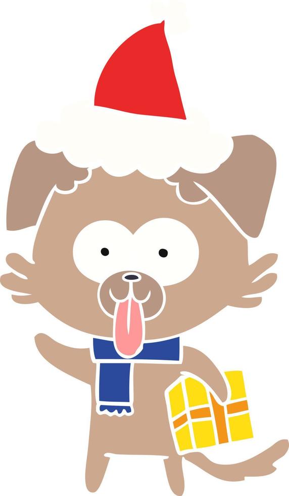 ilustración de color plano de un perro con regalo de navidad con sombrero de santa vector