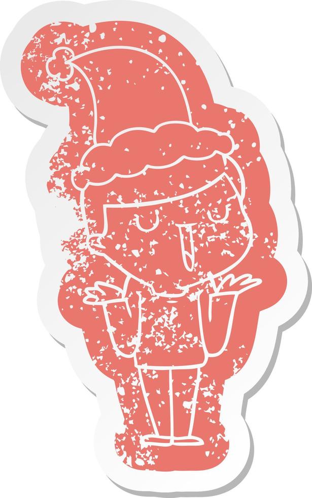 cartoon distressed sticker of a happy boy with no worries wearing santa hat vector