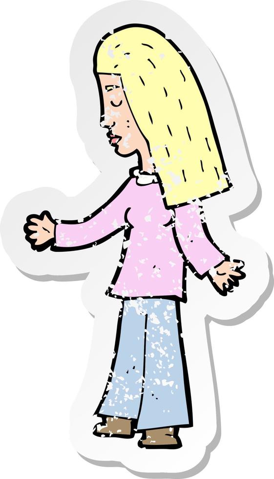 retro distressed sticker of a cartoon woman with open arms vector