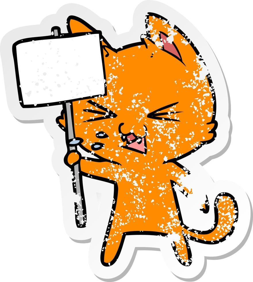 distressed sticker of a cartoon cat protesting vector