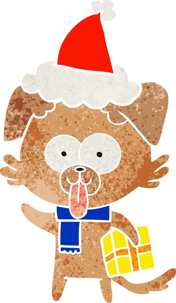 caricatura retro de un perro con regalo de navidad con sombrero de santa vector