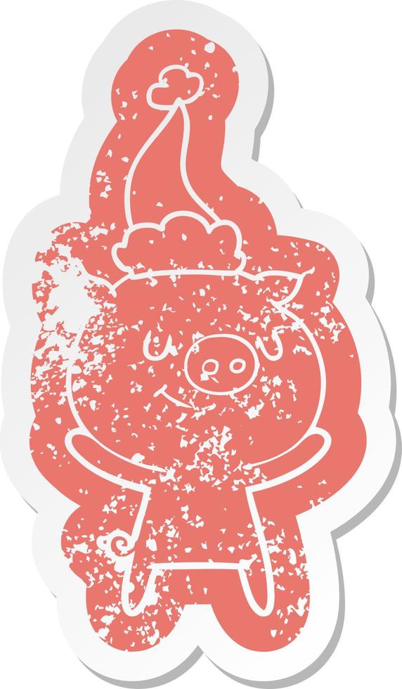 happy cartoon distressed sticker of a pig wearing santa hat vector
