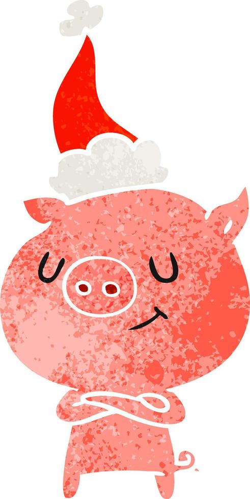 happy retro cartoon of a pig wearing santa hat vector