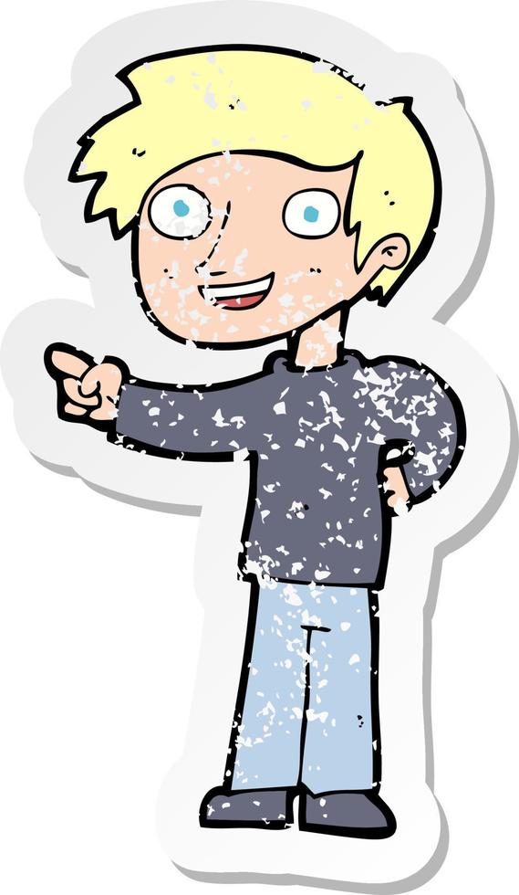 retro distressed sticker of a cartoon man pointing vector