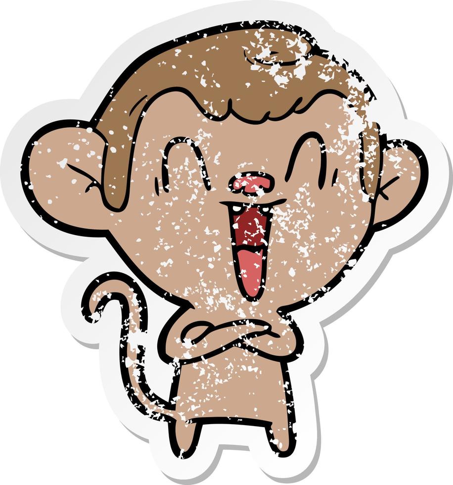 distressed sticker of a cartoon laughing monkey vector