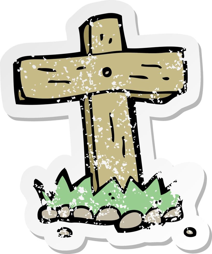 retro distressed sticker of a cartoon wooden cross grave vector