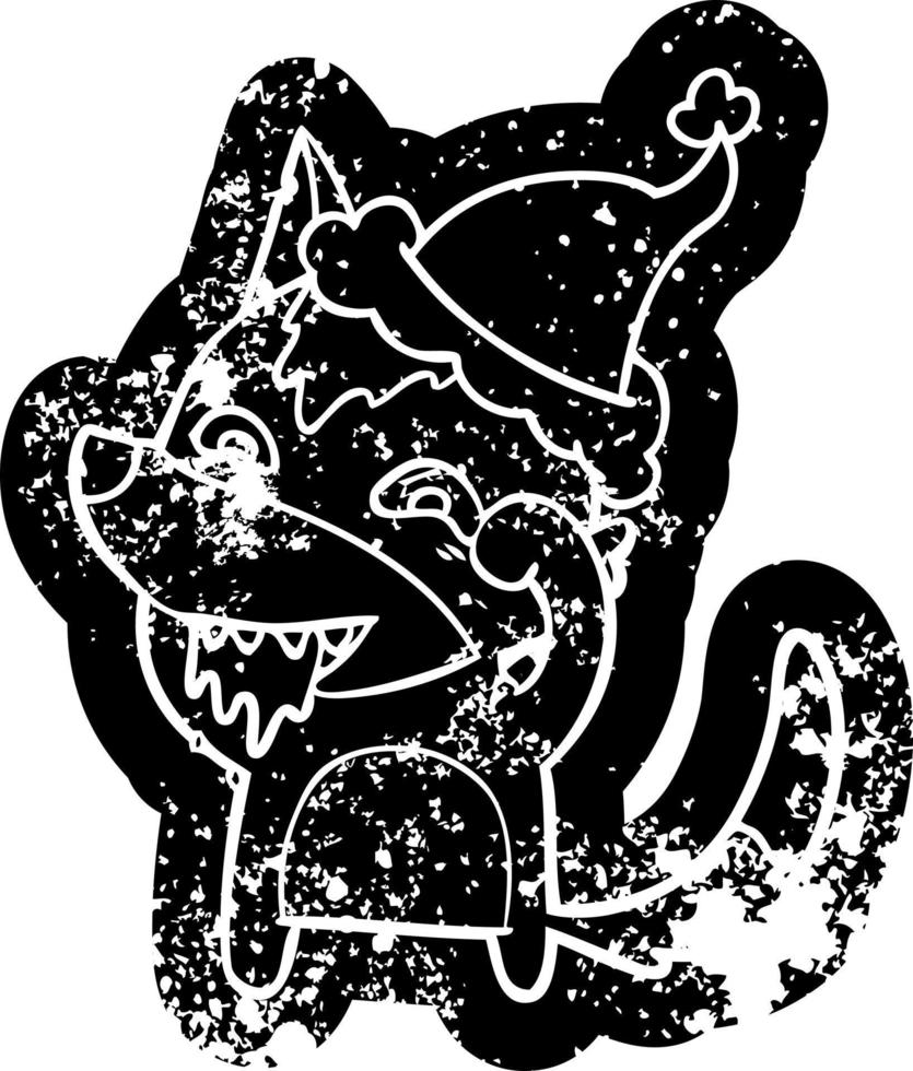 cartoon distressed icon of a hungry wolf wearing santa hat vector