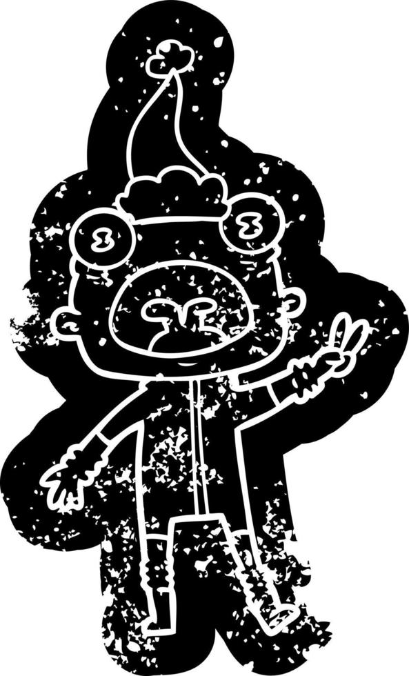 cartoon distressed icon of a weird alien waving wearing santa hat vector