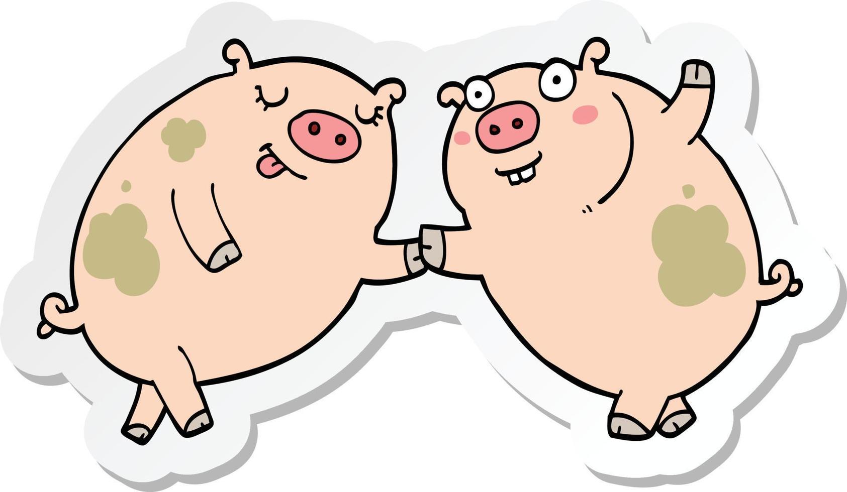 sticker of a cartoon pigs dancing vector