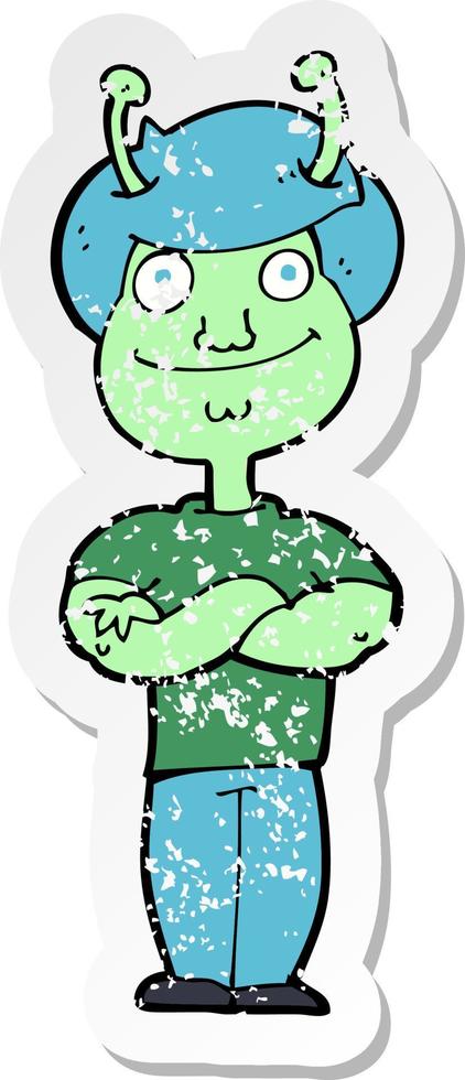 retro distressed sticker of a cartoon space alien vector