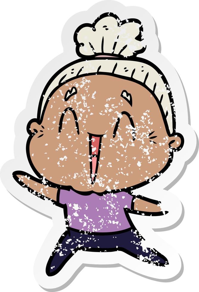 distressed sticker of a cartoon happy old lady vector