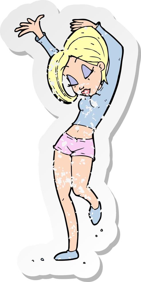 retro distressed sticker of a cartoon pretty woman dancing vector