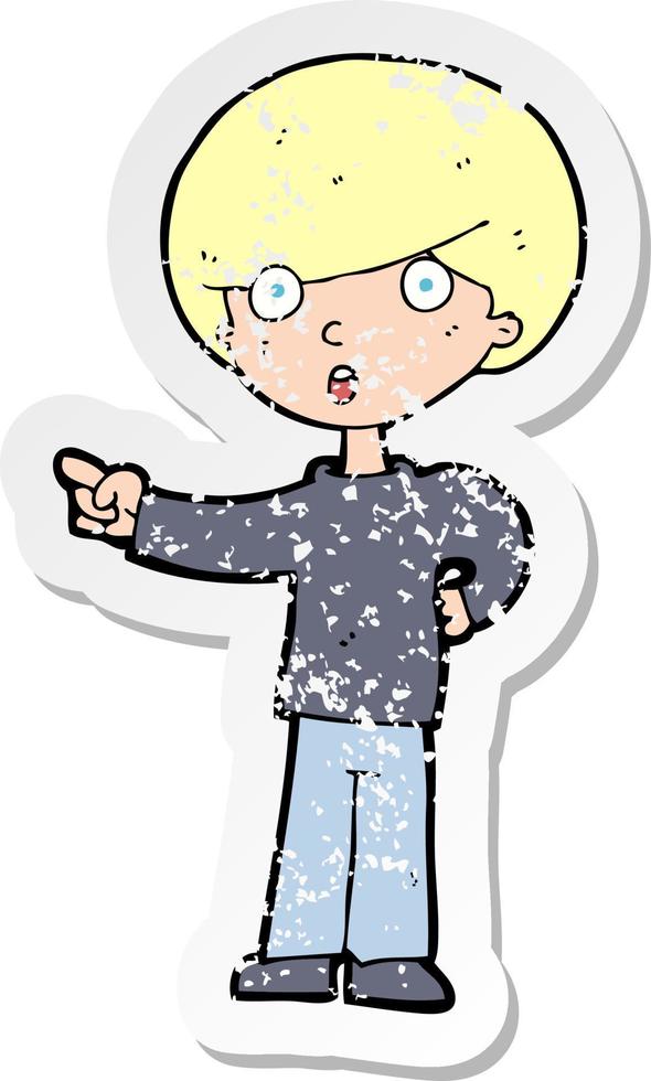 retro distressed sticker of a cartoon pointing boy vector