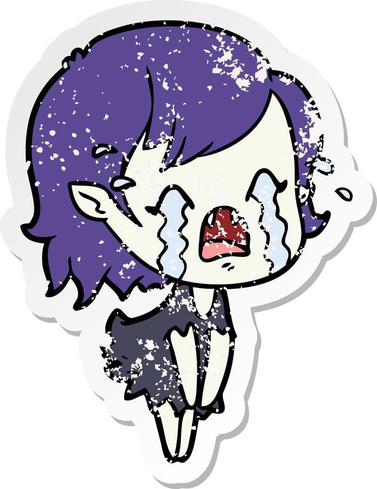 distressed sticker of a cartoon crying vampire girl vector