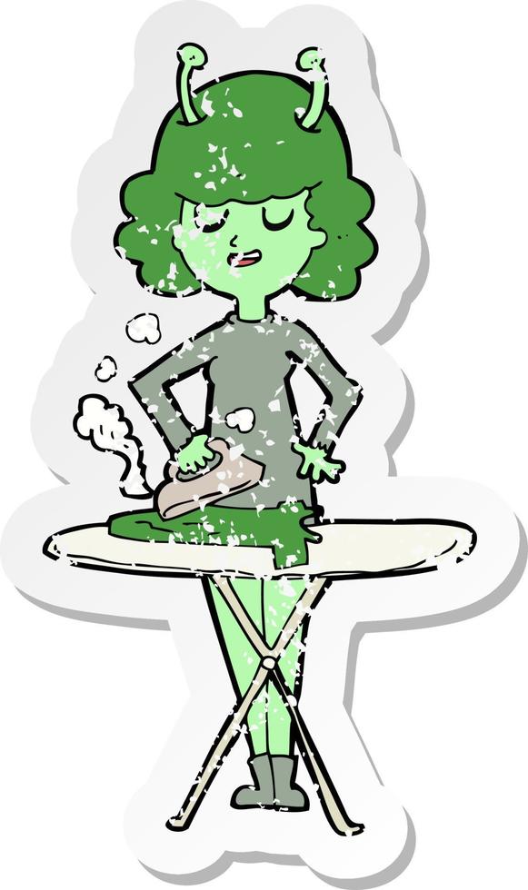 retro distressed sticker of a cartoon alien woman ironing vector