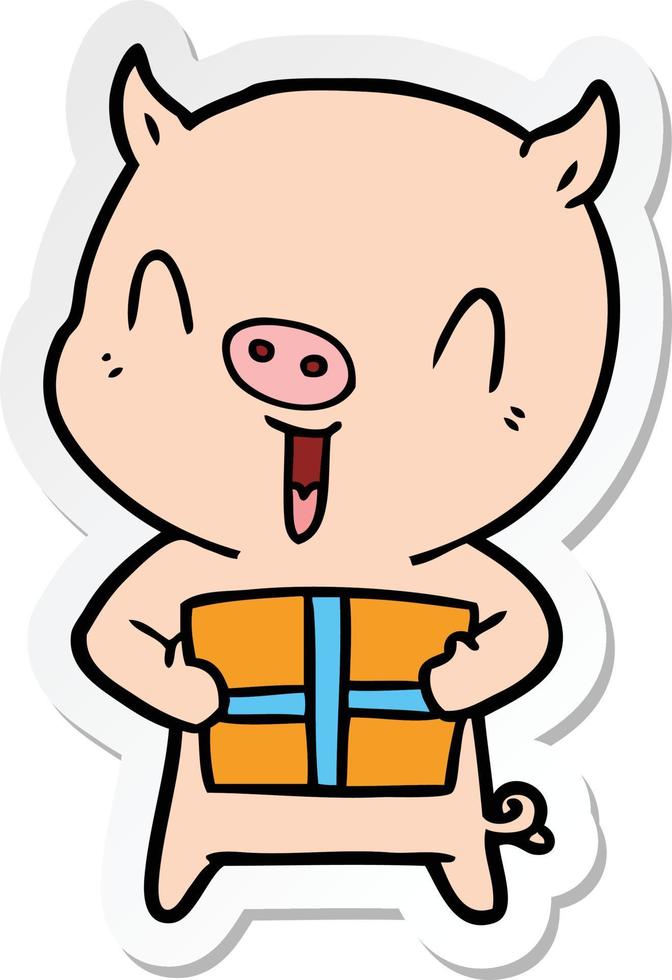 sticker of a happy cartoon pig with xmas present vector