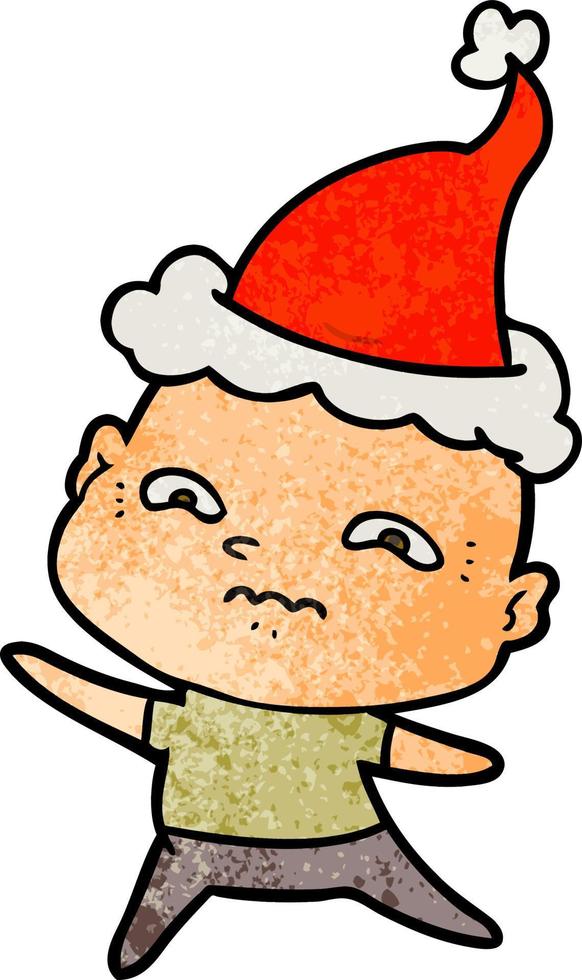 textured cartoon of a nervous man wearing santa hat vector