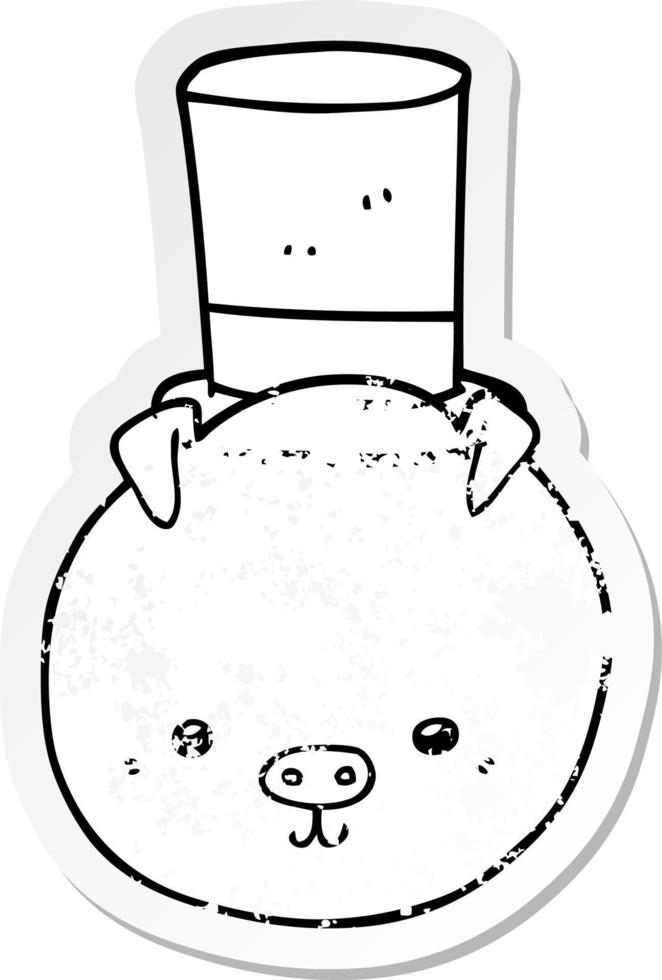 distressed sticker of a cartoon pig wearing top hat vector