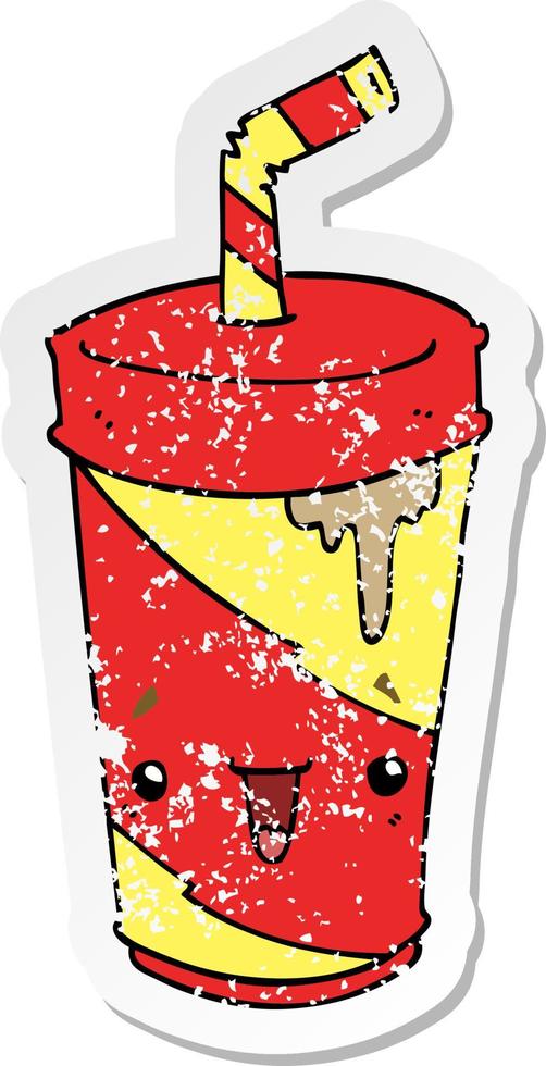 distressed sticker of a cute cartoon soda vector